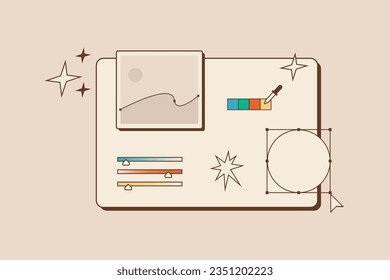 Computer program interface for drawing graphic elements. Professional software for designer. Digital illustrators work. Vector flat illustration.