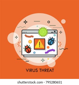 Computer program window, dangerous bacterias, microbes, germs, insects and warning sigh. Concept of virus threat or danger, system notification. Creative vector illustration for application, website.