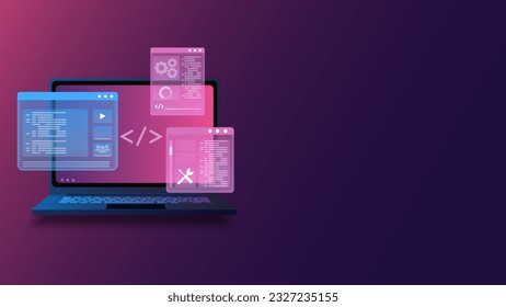 Computer Programing, Coding, Web Development with Isometric Laptop Displaying Futuristic UI