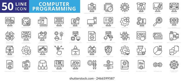 Computer Programing icon set with performing, cpu, computing, designing, building, analysis and generating algorithms.