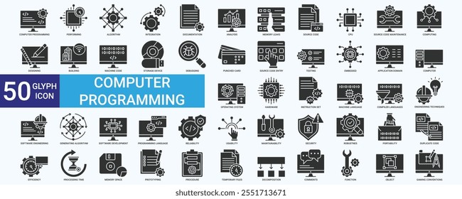 Computerprogrammierung Symbolsatz mit Durchführung, CPU, Computing, Integration, Testen, Analyse, Generierung, Algorithmen, Hardware und Debugging