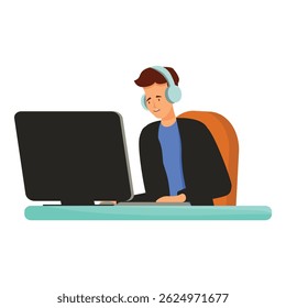 Computer programmer is coding on his computer while wearing headphones