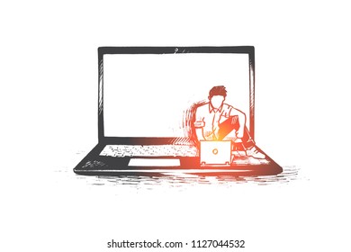 Computer, programmer, coding, software concept. Hand drawn software developer sitting on laptop and coding concept sketch. Isolated vector illustration.