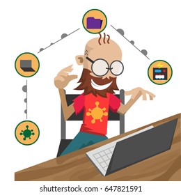 Computer programmer creating a program for virus attack. Red colors and coffee with accessories like computer, table. Representative icons virus, laptop, folders and operating system.