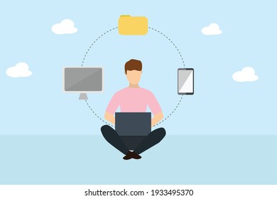 Computer programmer and process  with clouds technology flat design.