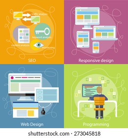 Computer programmer sitting in chair in front of computer at table and programming. Web design concept. SEO optimization, programming process and web analytics elements. Responsive web design concept