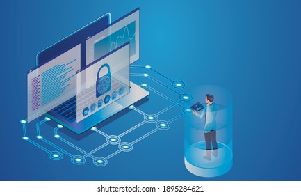 Programador informático prueba dispositivo digital de la sala del servidor del sistema de seguridad, comunicación de almacenamiento en la nube con la red Dispositivos en línea en una base de datos sobre servicios en la nube, vector de tecnología Concepto isométrico