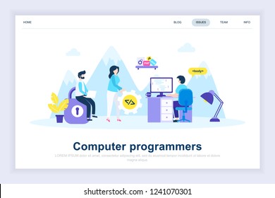 Computer programmers modern flat design concept. Software development and people concept. Landing page template. Conceptual flat vector illustration for web page, website and mobile website.