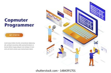 Computer programmers modern flat design isometric concept. Software development and people concept. Landing page template. Conceptual isometric vector illustration for web and graphic design.