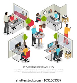 Computer programmers software developers office coworking solution with shared and individual work space isometric composition vector illustration 