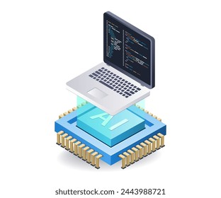 Computer programming with artificial intelligence concept, flat isometric 3d illustration