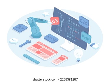 Computer programming and coding. Software development. Working on code for web app development on computer. Vector illustration in 3d design. Isometric web banner.	
