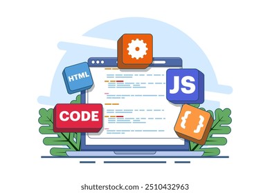 Conceito de programação de computador, Java, símbolos HTML, web design, software, design de aplicativo, linguagem de programação, desenvolvimento, site. Ilustração de vetor plano no plano de fundo.