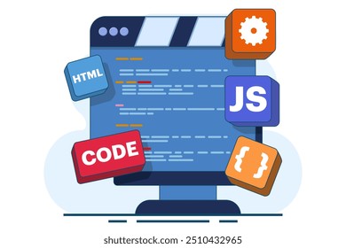 Conceito de programação de computador, Java, símbolos HTML, web design, software, design de aplicativo, linguagem de programação, desenvolvimento, site. Ilustração de vetor plano no plano de fundo.