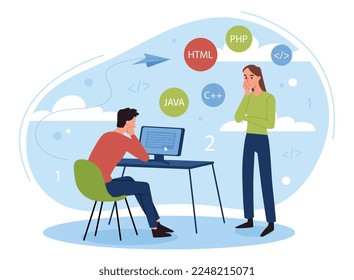 Computer programming concept. Man develops programs and applications, coding. IT specialist or programmer at work. Remote employee or freelancer, earnings on Internet. Cartoon flat vector illustration