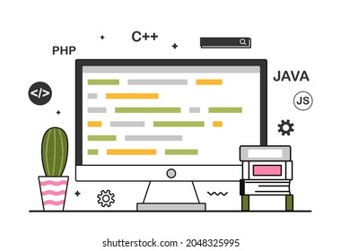 Computer programming concept. Screen, monitor. Teaching computer programs, passing test, online training. Software development metaphor. Cartoon flat vector illustration isolated on white background