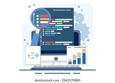 Conceito de programação de computador ou desenvolvimento de software ou de jogos. Ilustração vetorial com símbolos de codificação e janelas de programação. Tecnologia da informação e engenharia da computação. Ilustração de vetor plano