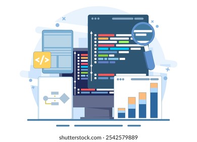 Conceito de programação de computador ou desenvolvimento de software ou de jogos. Ilustração vetorial com símbolos de codificação e janelas de programação. Tecnologia da informação e engenharia da computação. Ilustração de vetor plano