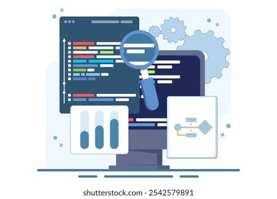 Computer programming concept or software or game development. Vector illustration with coding symbols and programming windows. Information technology and computer engineering. Flat vector illustration