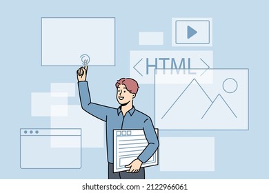 Computer programming and html concept. Young man web designer computer programmer standing and pointing at emails html and graphics vector illustration 