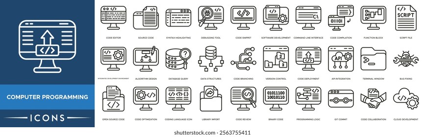 Computer Programming icon. Code Editor, Source Code, Syntax Highlighting, Debugging Tool and Code Snippet