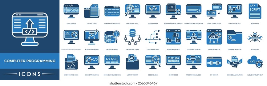 Computer Programming icon. Code Editor, Source Code, Syntax Highlighting, Debugging Tool 