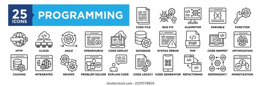 Conjunto de coleta de ícones de Programação do Computador. Contendo tecnologia de design, software, programação, dados, internet