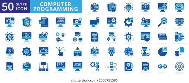 Computer-Programmierung Icon-Set mit Gebäude, Hardware, Computing, CPU, Usability, Effizienz, Analyse, Design, Funktion, Software, Entwicklung, Prototyping, Zerlegung, Quellcode, Engineering