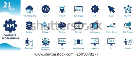 Computer programming icon. Set of icons on the theme of computer science, computer technology, software development, data, intelligence. Solid vector icons.