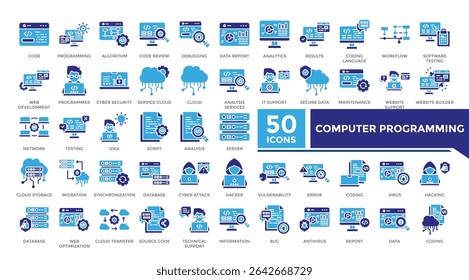 Computer programming icon solid two color set collection. This set includes algorithm, cyber security, database, coding, hacker and more icons in solid style. Vector icons collection for infographics