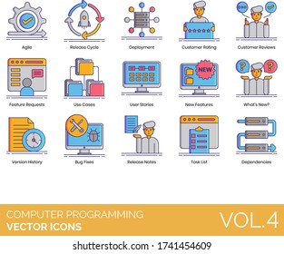 Computer Programming Icons Including Agile, Release Cycle, Deployment, Customer Rating, Review, Feature Request, Use Case, User Story, What’s New, Version History, Bug Fix, Note, Task List, Dependency