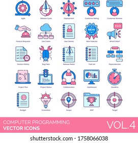 Computer Programming Icons Including Agile, Cycle, Deployment, Use Case, User Story, Feature, What’s New, Version History, Bug Fix, Release Note, Dependency, Project Plan, Status, Collaboration, MVP.