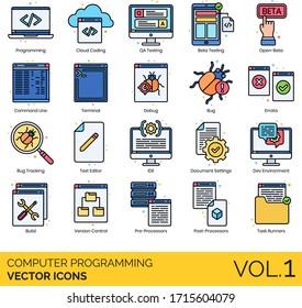 Computer programming icons including cloud coding, QA testing, open beta, command line, terminal, debug, errata, bug tracking, text editor, IDE, document settings, dev environment, build, task runner.