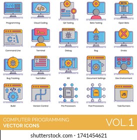 Computer programming icons including cloud coding, QA testing, open beta, command line, terminal, debug, errata, bug tracking, text editor, IDE, document settings, dev environment, build, task runner.