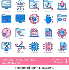 Computer programming icons including cloud coding, QA testing, open beta, debug, errata, bug tracking, text editor, IDE, document settings, dev environment, build, version control, pre-processor, task