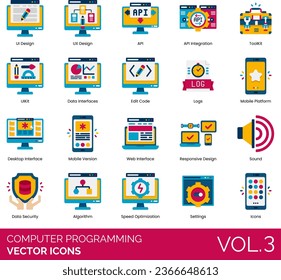 Computer Programming Icons including, Cloud Coding, QA Testing, Beta Testing, Open-Beta, Command Line, Terminal, Debug, Bug, Errata, Bug Tracking, Text Editor, IDE - integrated development 