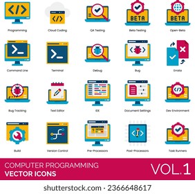 Computer Programming Icons including, Cloud Coding, QA Testing, Beta Testing, Open-Beta, Command Line, Terminal, Debug, Bug, Errata, Bug Tracking, Text Editor, IDE - integrated development 