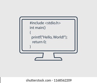 Computer Programming Language line Icon. Hello World code on monitor.