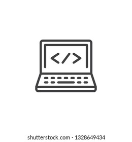 Computer Programming line icon. linear style sign for mobile concept and web design. Laptop Coding screen outline vector icon. Symbol, logo illustration. Pixel perfect vector graphics