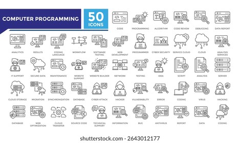 Computer programming lineal icon set collection. This set includes algorithm, cyber security, server, database, coding, hacker and more icons in lineal style. Vector icons collection for infographics