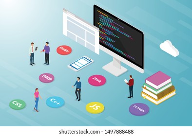 computer programming script code with various options icon popular list language with isometric modern style - vector 