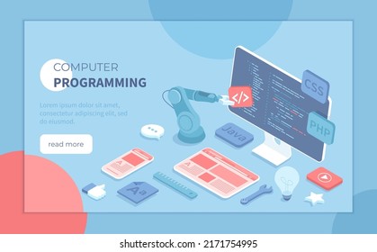 Computer Programming, Software, Web, App Development. Program Code On Monitor Screen, Website Template On On Tablet And Phone. Isometric Vector Illustration For Banner, Website.