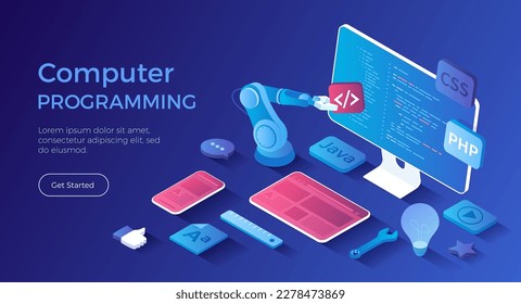 Computer programming, software, web, app development. Program code on monitor screen, website template on on tablet and phone. Isometric landing page. Vector web banner.	
