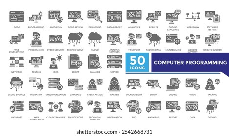 Computer programming solid icon set collection. This set includes algorithm, cyber security, server, database, coding, hacker and more icons in solid style. Vector icons collection for infographics