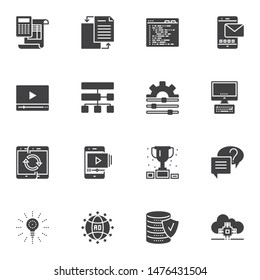 Computer programming vector icons set, modern solid symbol collection, filled style pictogram pack. Signs, logo illustration. Set includes icons as settings gear, coding, file transfer, data server