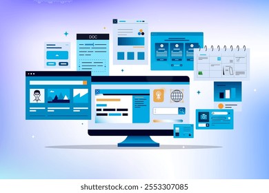 Computer in progress. Computer against a background of many open windows. Data set, process, classification, database. Company process development structure. Data Center concept based.