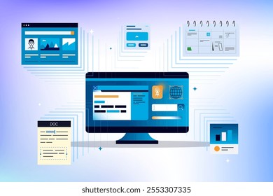 Computador em andamento. Computador contra um fundo de muitas janelas abertas. Conjunto de dados, processo, classificação, banco de dados. Estrutura de desenvolvimento de processos da empresa. Baseado no conceito do data center. 