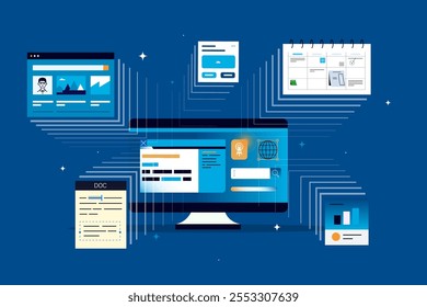 Computador em andamento. Computador contra um fundo de muitas janelas abertas. Conjunto de dados, processo, classificação, banco de dados. Estrutura de desenvolvimento de processos da empresa. Baseado no conceito do data center. 