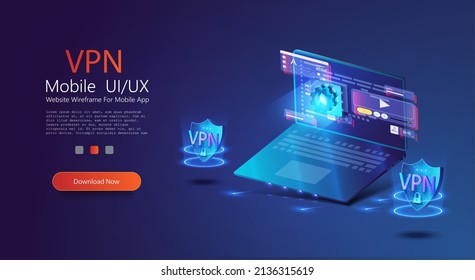 The computer is protected by data and bypassing locks. VPN. Virtual private network. Personal protection. Secure VPN connection concept. Vector illustration