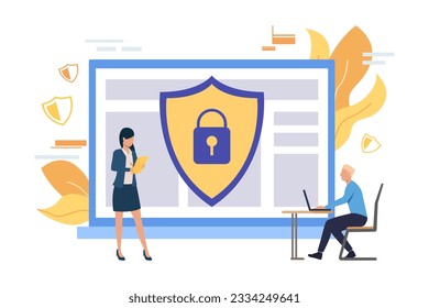 Computer protected with shield and padlock vector illustration. Workers with laptop developing data protection system to fight hacker attacks and prevent account leakage. Cybersecurity concept